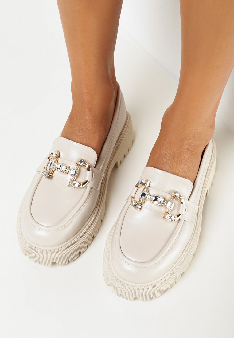 Beżowe Mokasyny z Klamerką na Grubej Podeszwie Lucra