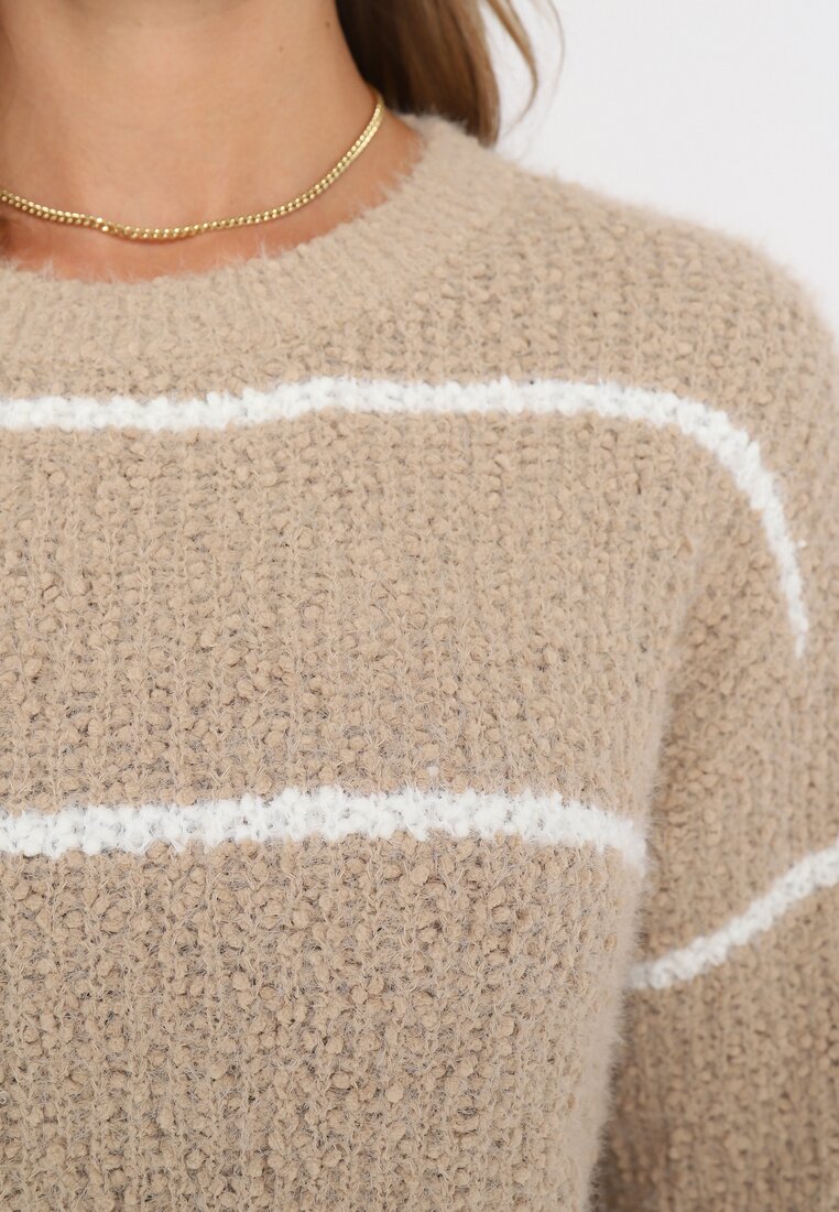 Ciemnobeżowy Sweter z Wełną i Bawełną w Paseczki Lurella