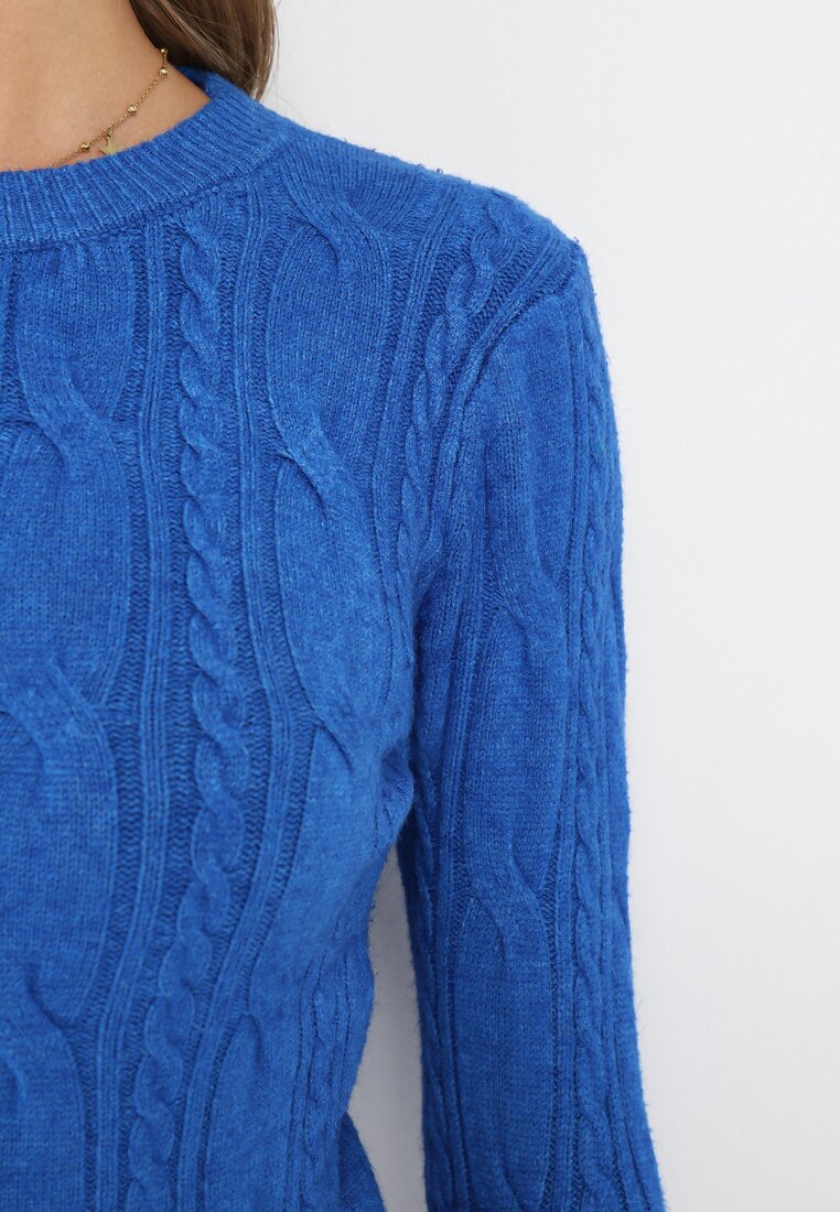 Granatowy Sweter w Warkoczykowy Splot Asmani