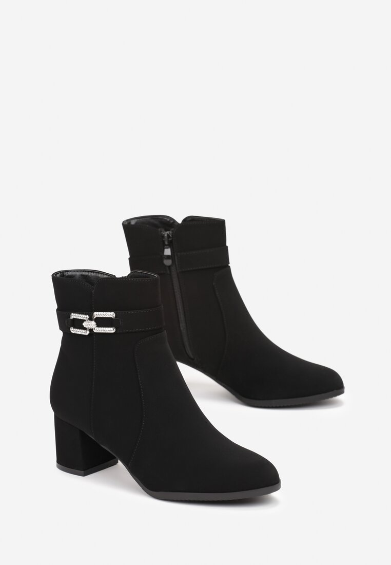 Czarne Botki na Słupkowym Obcasie z Klamrą Ozdobioną Cyrkoniami Celesto