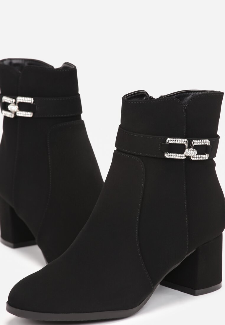 Czarne Botki na Słupkowym Obcasie z Klamrą Ozdobioną Cyrkoniami Celesto