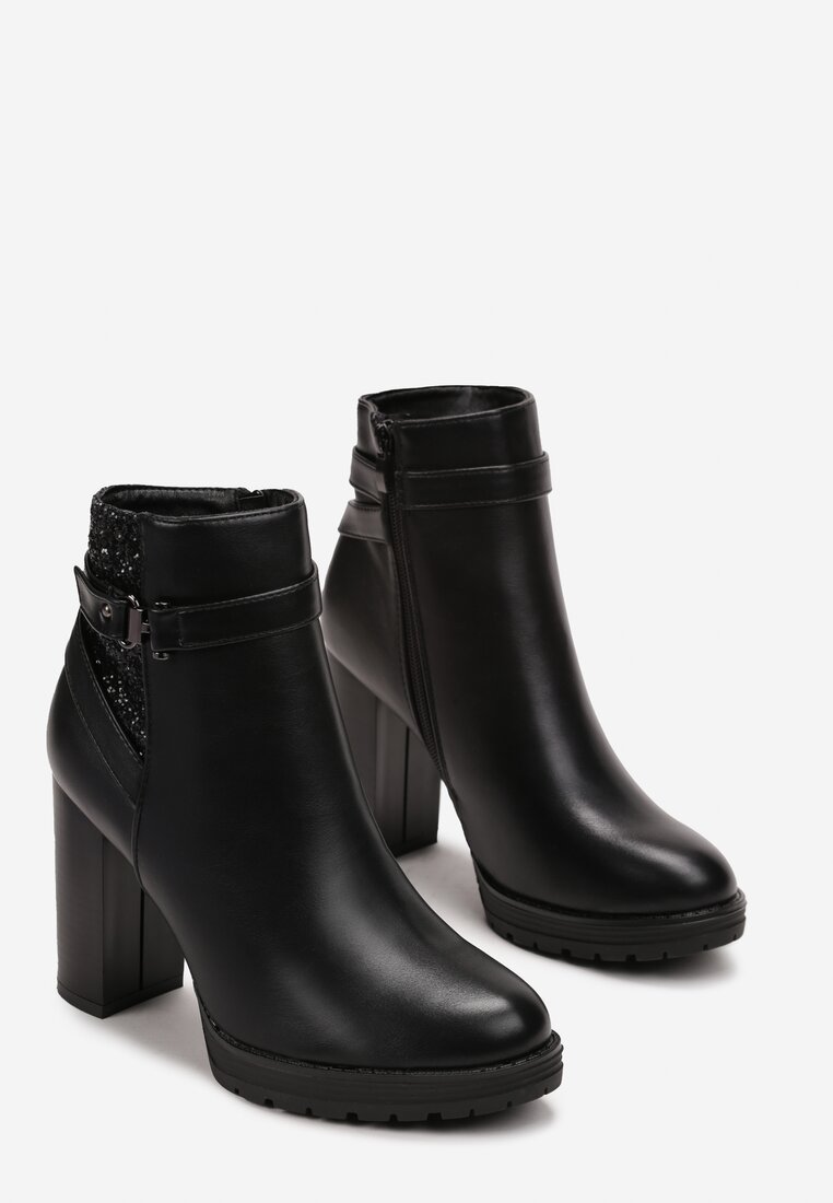 Czarne Botki na Słupku z Brokatową Wstawką Lovasii