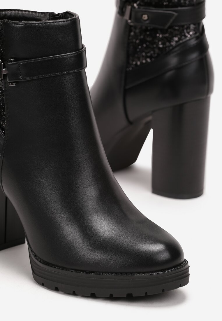 Czarne Botki na Słupku z Brokatową Wstawką Lovasii