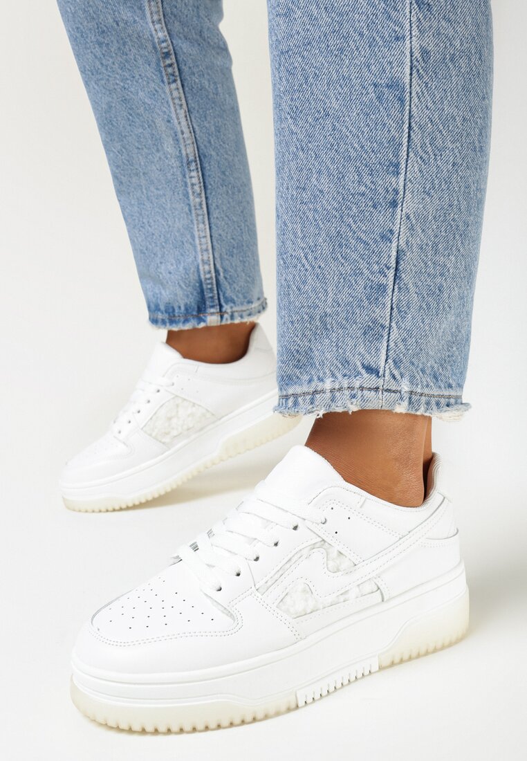 Białe Sneakersy przed Kostkę na Platformie z Futerkiem Rimva