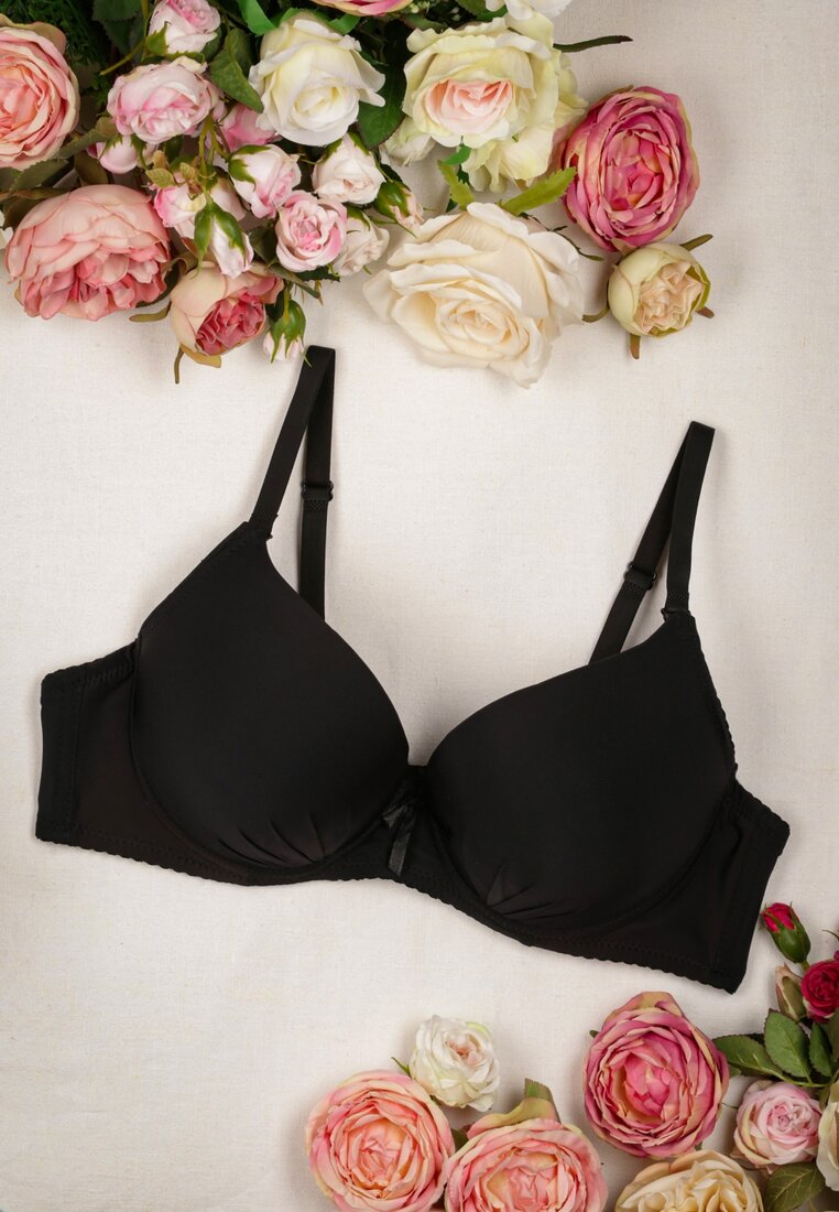 Czarny Gładki Biustonosz z Efektem Push-Up na Cienkich Ramiączkach Redima