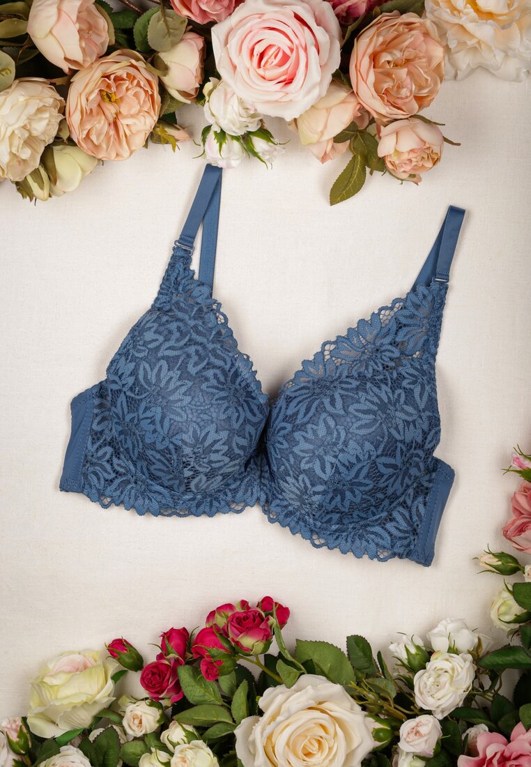 Ciemnoniebieski Koronkowy Biustonosz Push Up Fresende