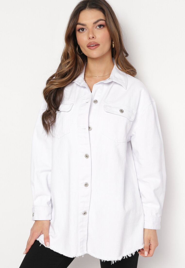 Biała Jeansowa Bawełniana Kurtka Koszula z Metalowymi Guzikami i Kieszeniami Lavosa