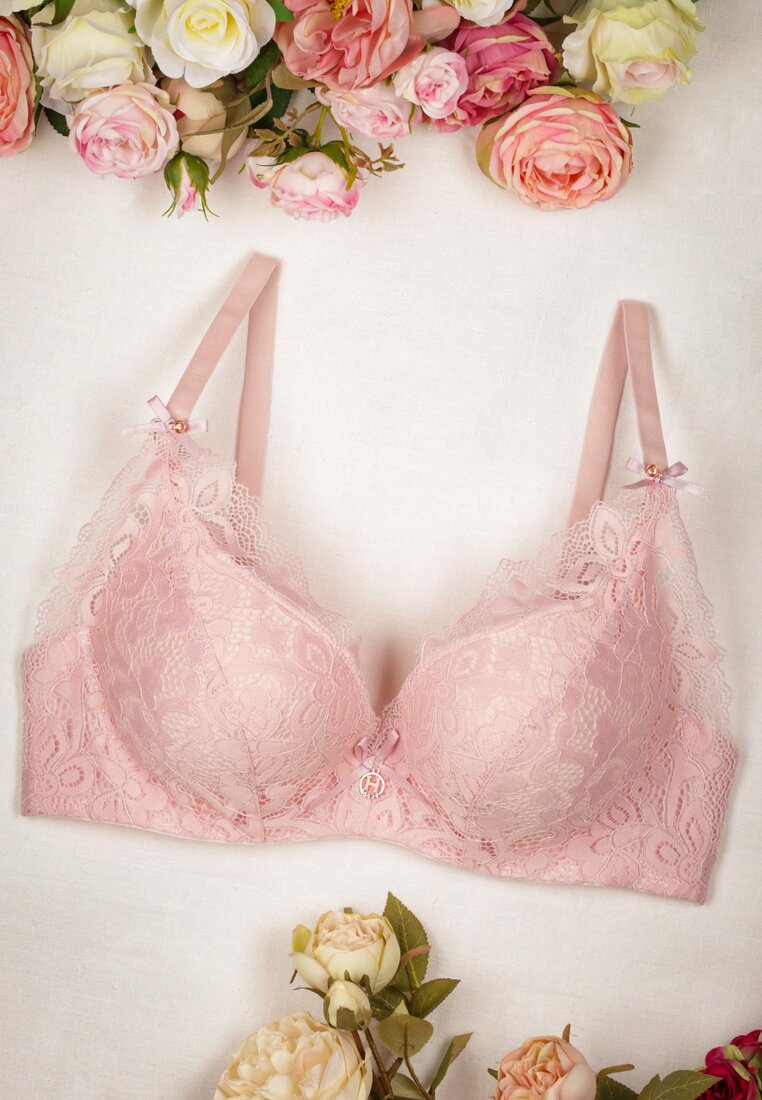 Różowy Koronkowy Biustonosz Push-Up Ozdobiony Kokardkami Enevisa
