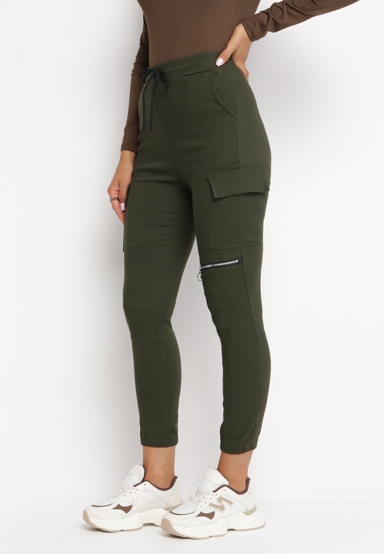 Ciemnozielone Spodnie Bojówki z Gumką w Pasie Vefa