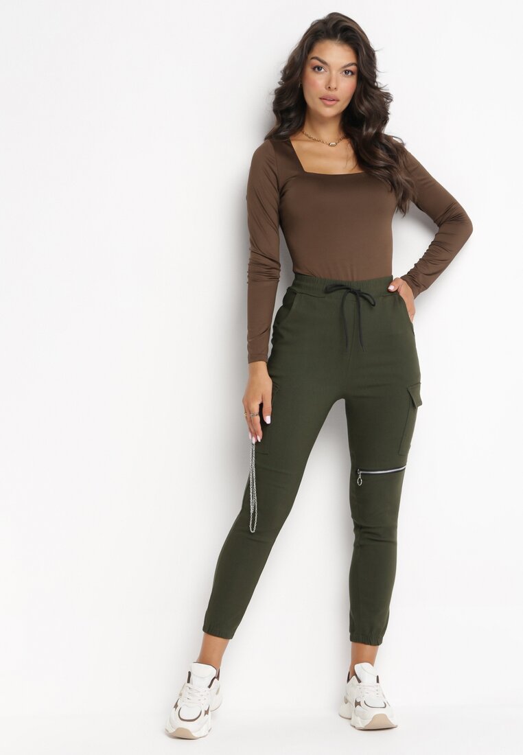 Ciemnozielone Spodnie Bojówki z Gumką w Pasie Vefa