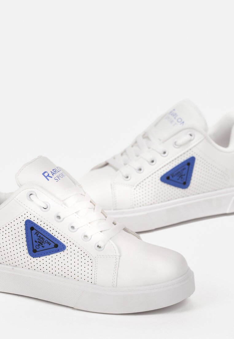 Biało-Niebieskie Sznurowane Buty Sportowe na Płaskiej Podeszwie z Ozdobną Aplikacją Felora