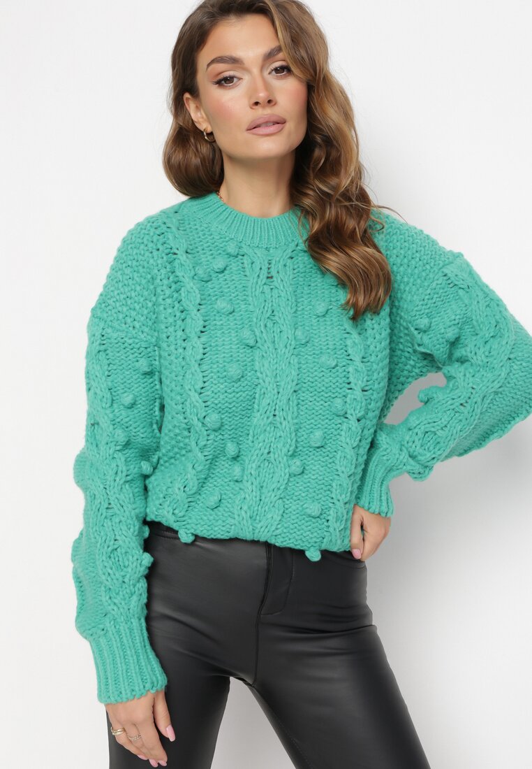 Zielony Sweter z Wełną i Bawełną Ozdobiony Grubym Splotem Numike