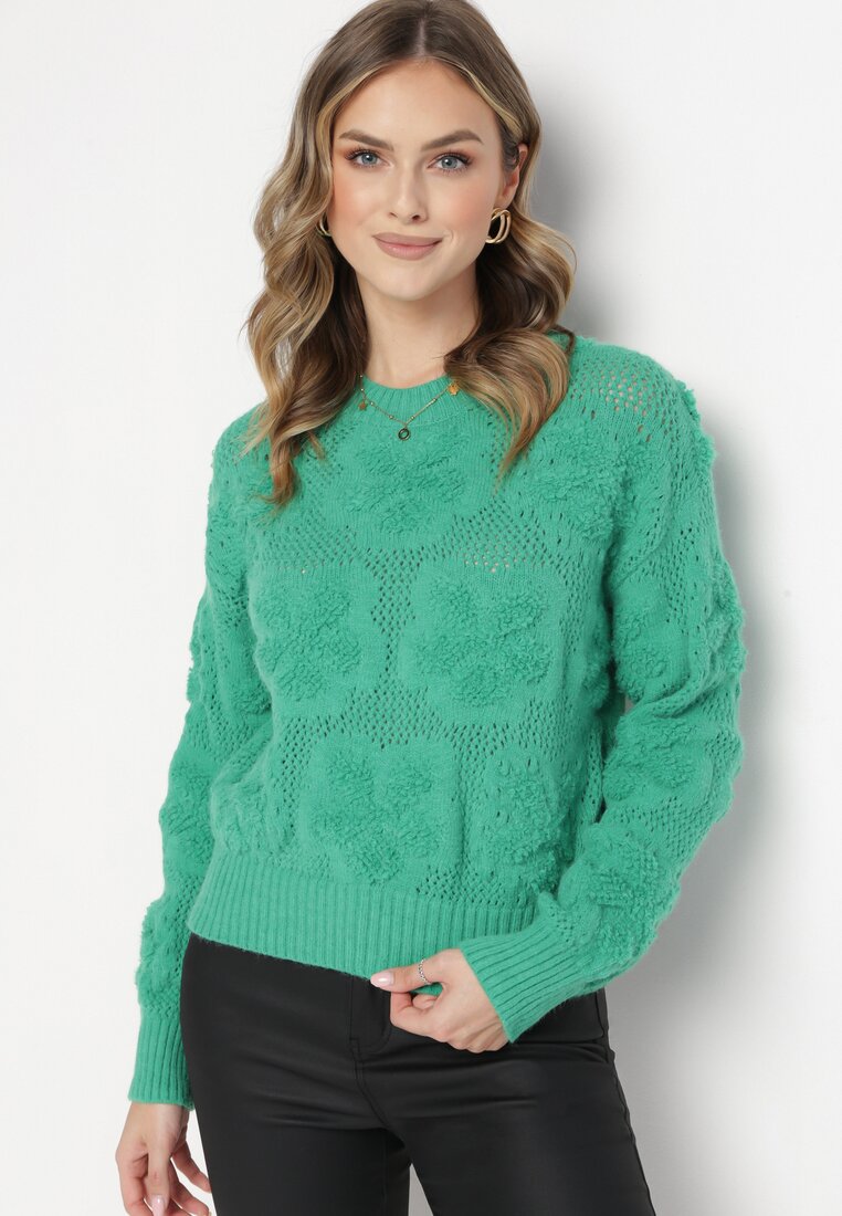 Zielony Sweter z Wełną i Bawełną Ozdobiony Pluszowym Splotem Karada