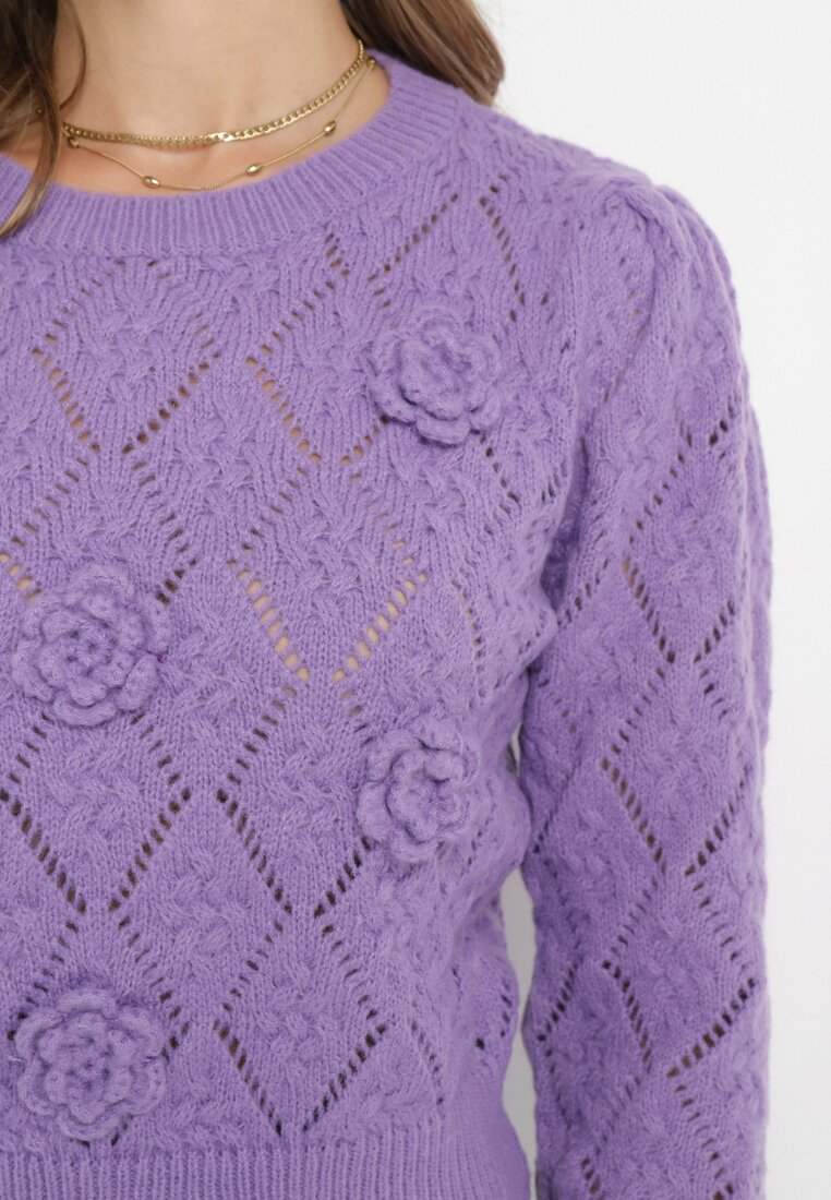 Fioletowy Sweter z Aplikacją 3D w Kształcie Kwiatów Trismos