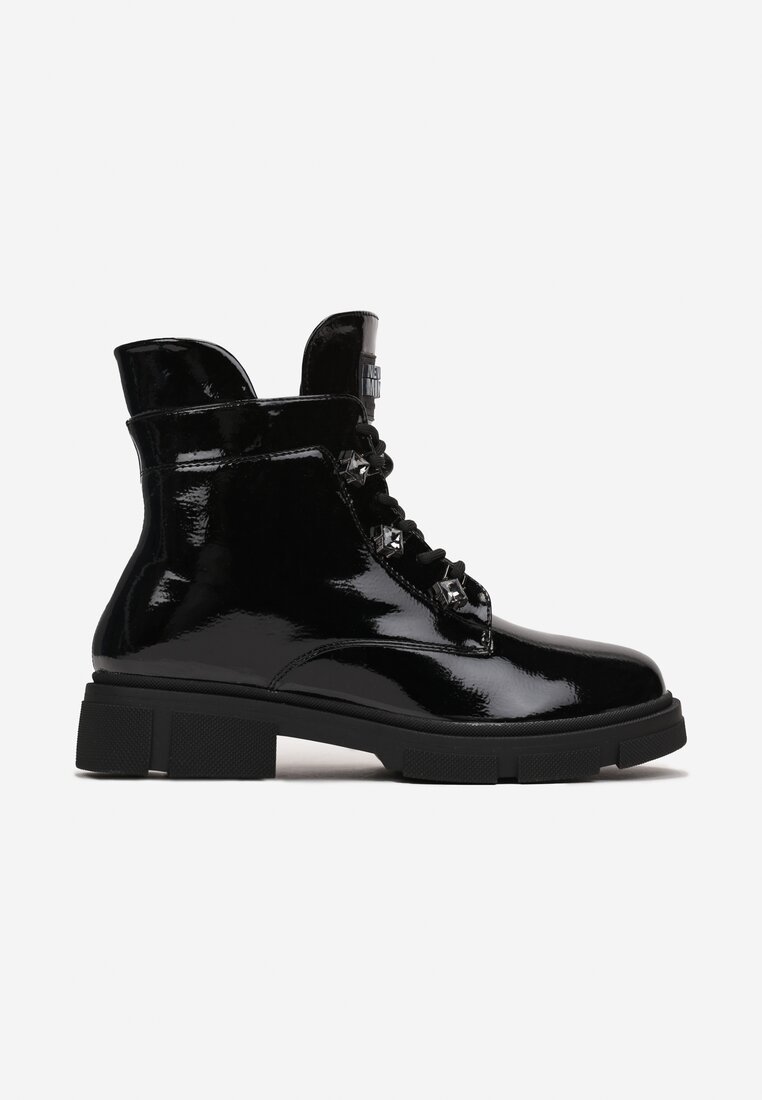 Czarne Sznurowane Botki na Płaskiej Podeszwie Ozdobione Cyrkonami Werive