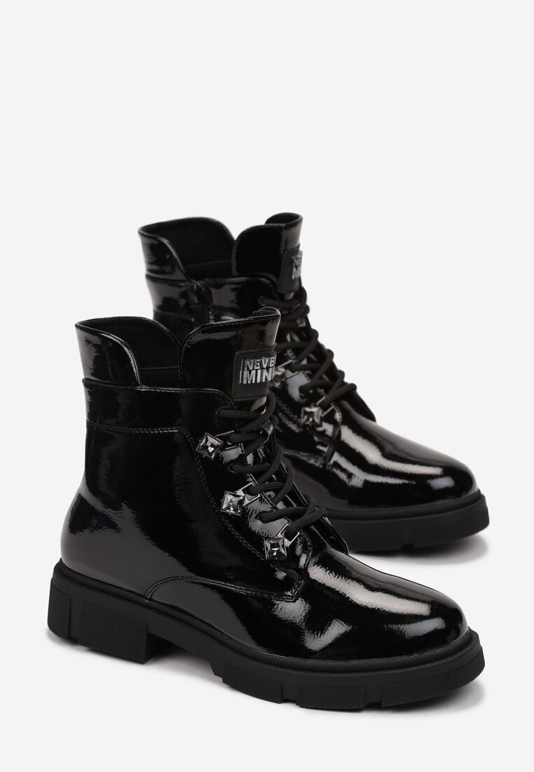 Czarne Sznurowane Botki na Płaskiej Podeszwie Ozdobione Cyrkonami Werive