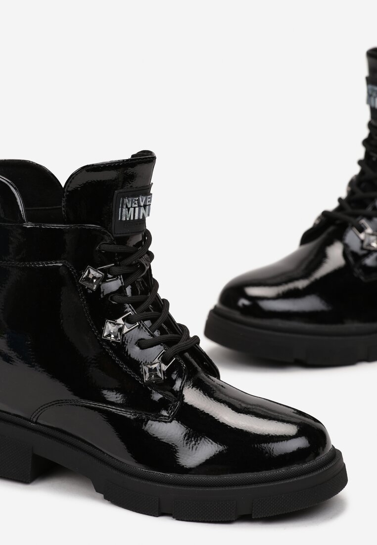 Czarne Sznurowane Botki na Płaskiej Podeszwie Ozdobione Cyrkonami Werive