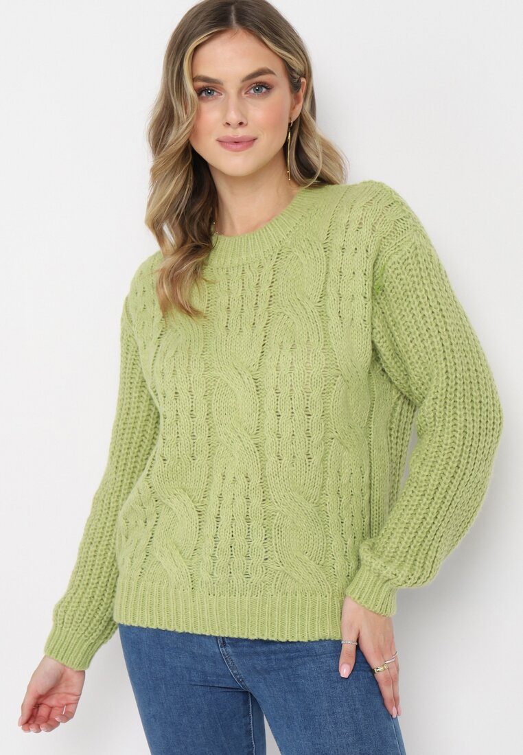 Zielony Klasyczny Sweter z Modnym Splotem Viloma
