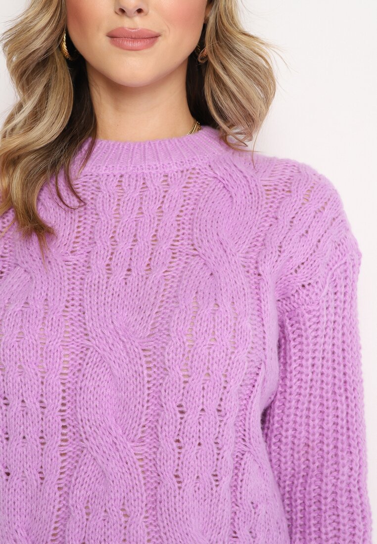 Fioletowy Klasyczny Sweter z Modnym Splotem Viloma