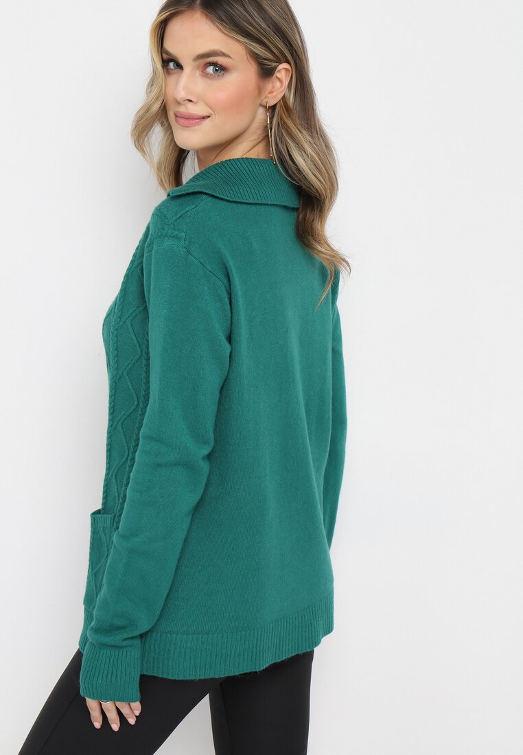 Ciemnozielony Kardigan na Guziki z Ozdobnym Splotem Pirova