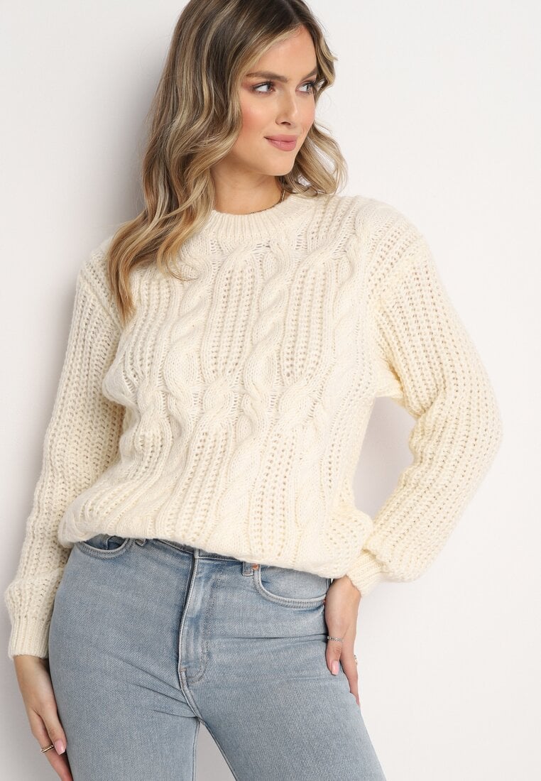 Biały Sweter w Ozdobny Splot Rulda
