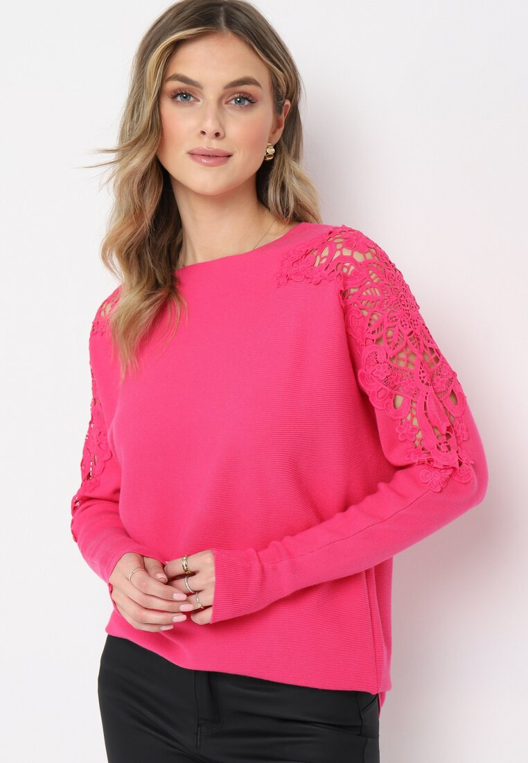 Fuksjowy Sweter z Rękawami w Koronkę Arfipo