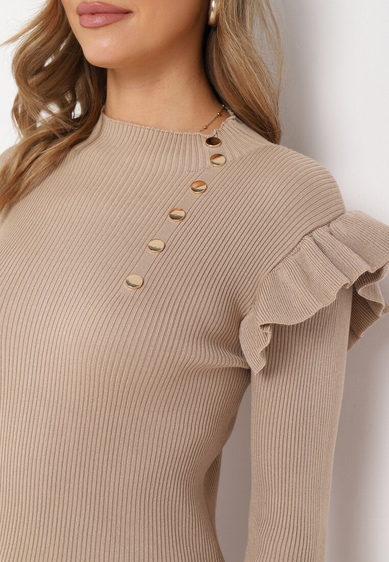 Ciemnobeżowy Wiskozowy Sweter z Półgolfem Falbankami i Ozdobnymi Guzikami Katrise