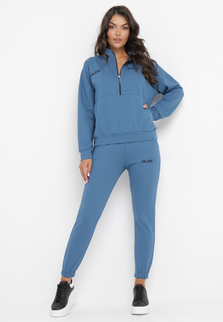 Niebieski Bawełniany 2-Częściowy Komplet Dresowy Bluza z Suwakiem i Spodnie z Gumką Inarra
