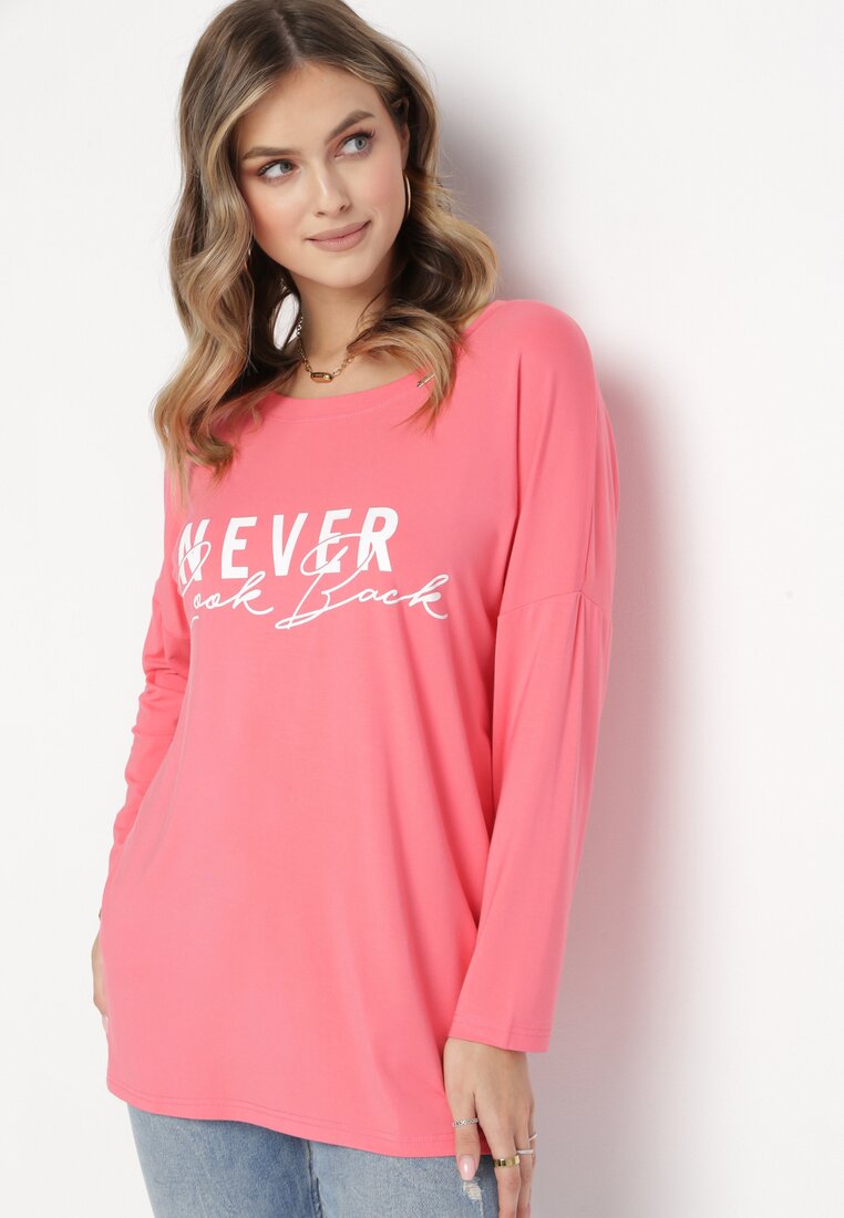 Różowa Bluzka z Nadrukiem i Rękawem Nietoperz Alunara