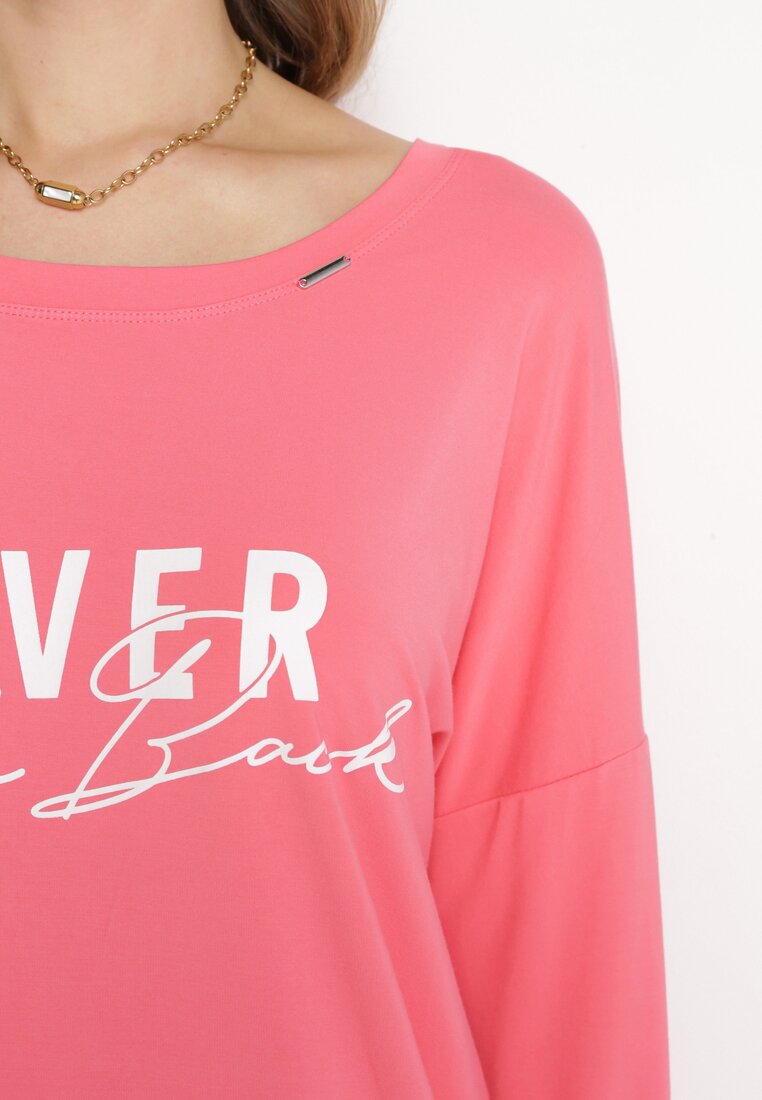 Różowa Bluzka z Nadrukiem i Rękawem Nietoperz Alunara