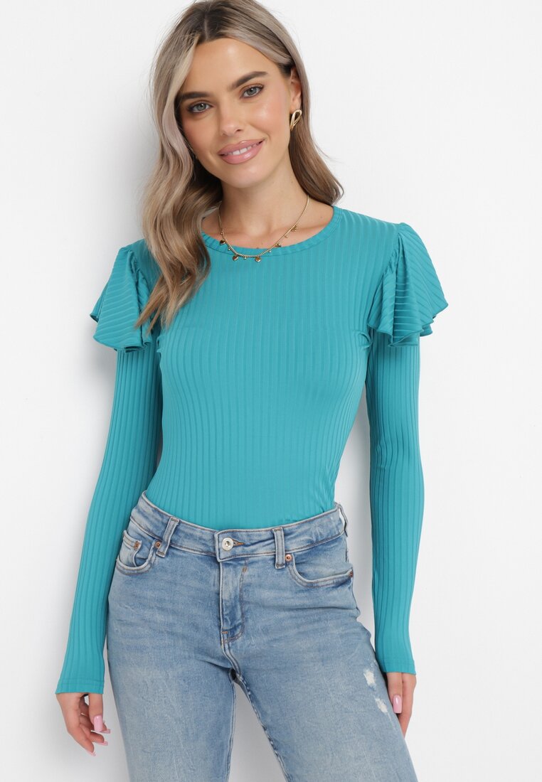 Miętowa Bluzka z Prążkowanej Dzianiny i Falbankami Onamese