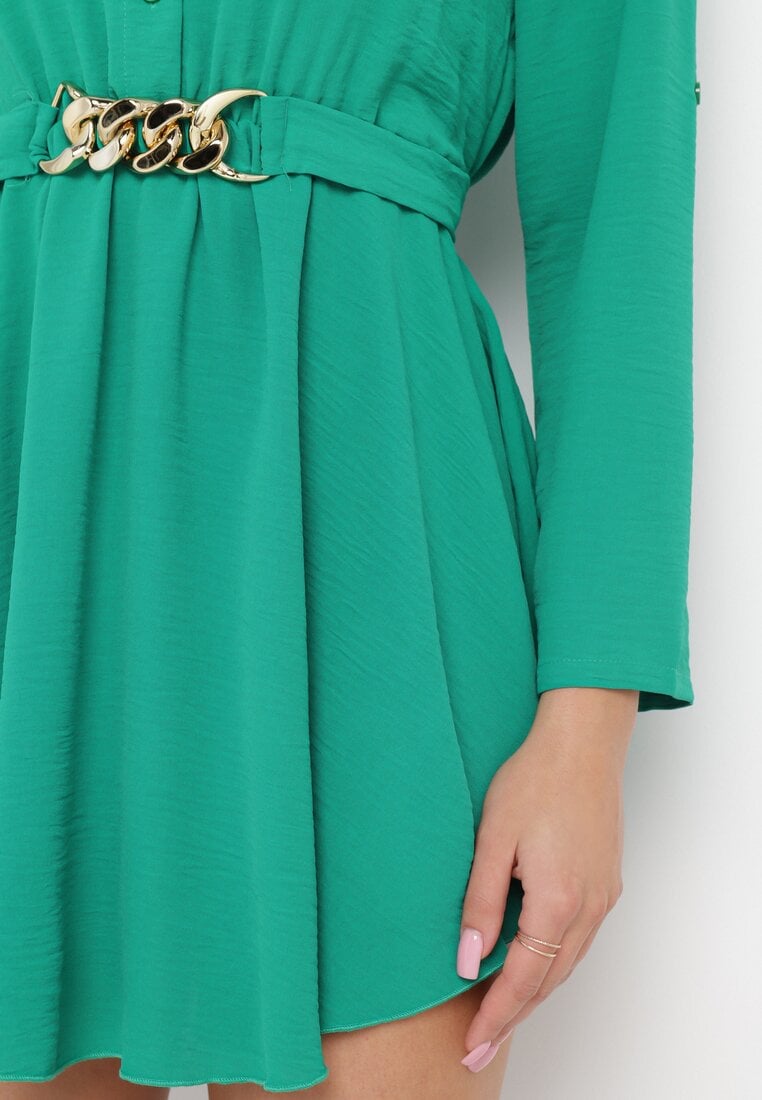 Zielona Sukienka Koszulowa z Ozdobnym Paskiem i Gumką w Pasie Tanish