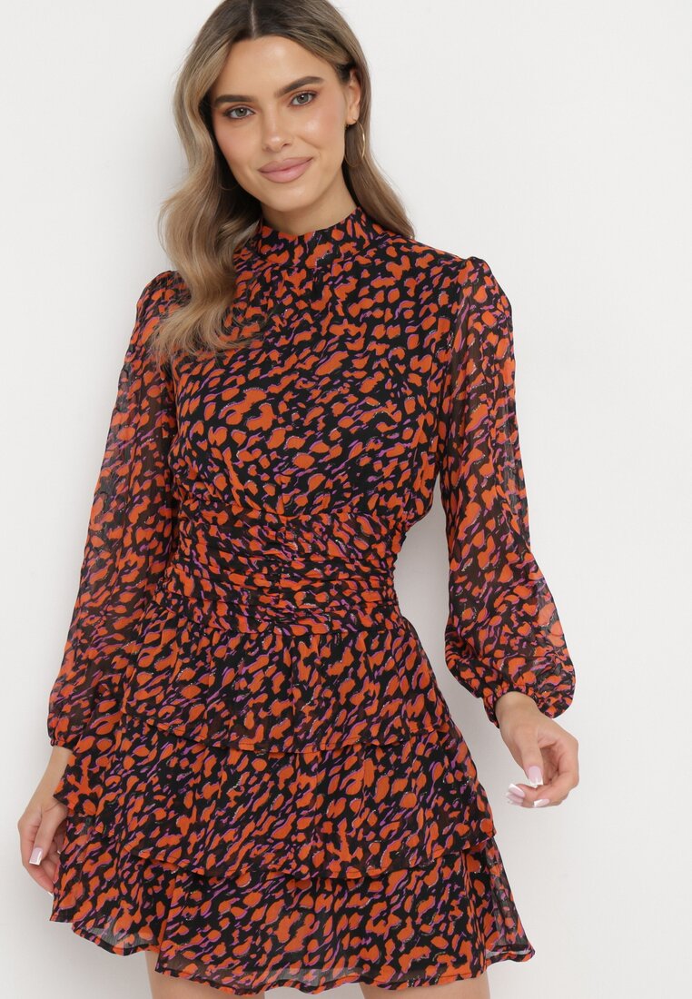 Pomarańczowa Rozkloszowana Sukienka Mini w Modny Print Ozdobiona Brokatem Ifigentta