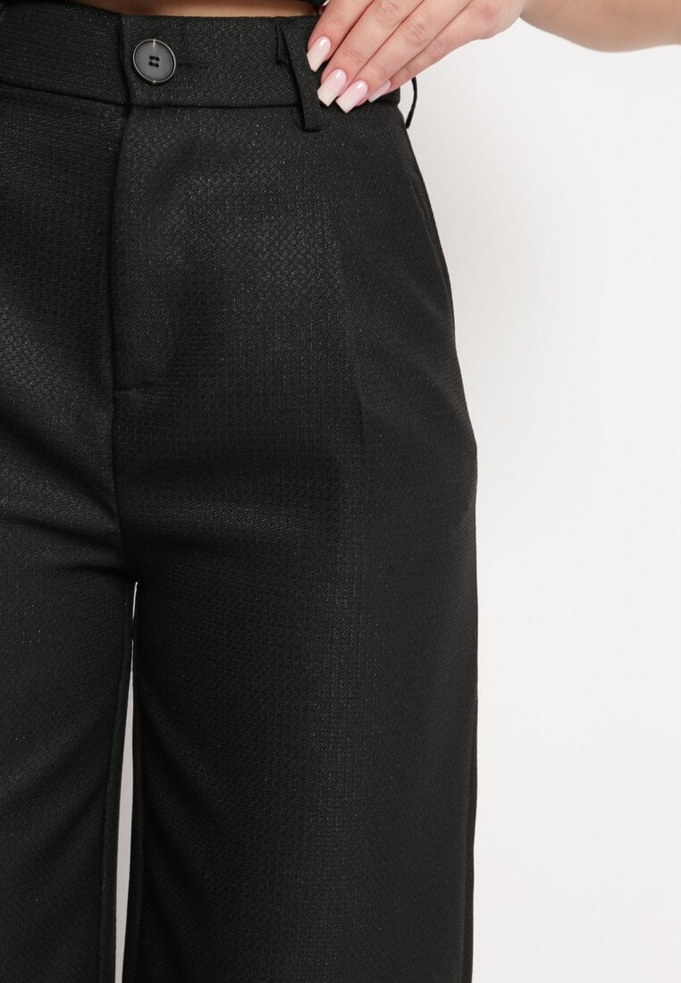 Czarne Spodnie z Wysokim Stanem i Szerokimi Nogawkami Ozdobione Metaliczną Nicią Calondra