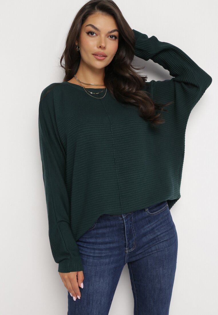 Ciemnozielony Sweter z Rękawem Nietoperz Anfrei