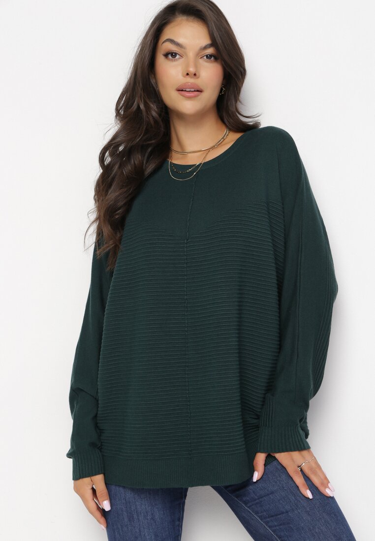 Ciemnozielony Sweter z Rękawem Nietoperz Anfrei