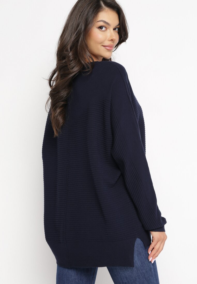 Granatowy Sweter z Rękawem Nietoperz Anfrei