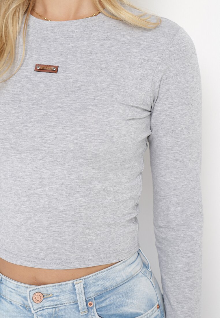 Jasnoszara Bawełniana Bluzka z Długim Rękawem Ellemacra