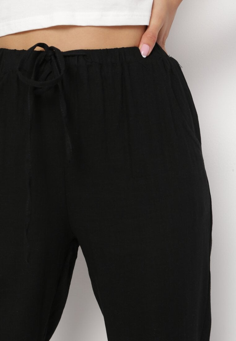 Czarne Bawełniane Spodnie z Gumką w Talii i Prostymi Nogawkami Olalla