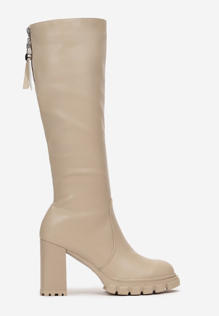 Beżowe Kozaki na Obcasie i Platformie z Tłoczeniem Sallima