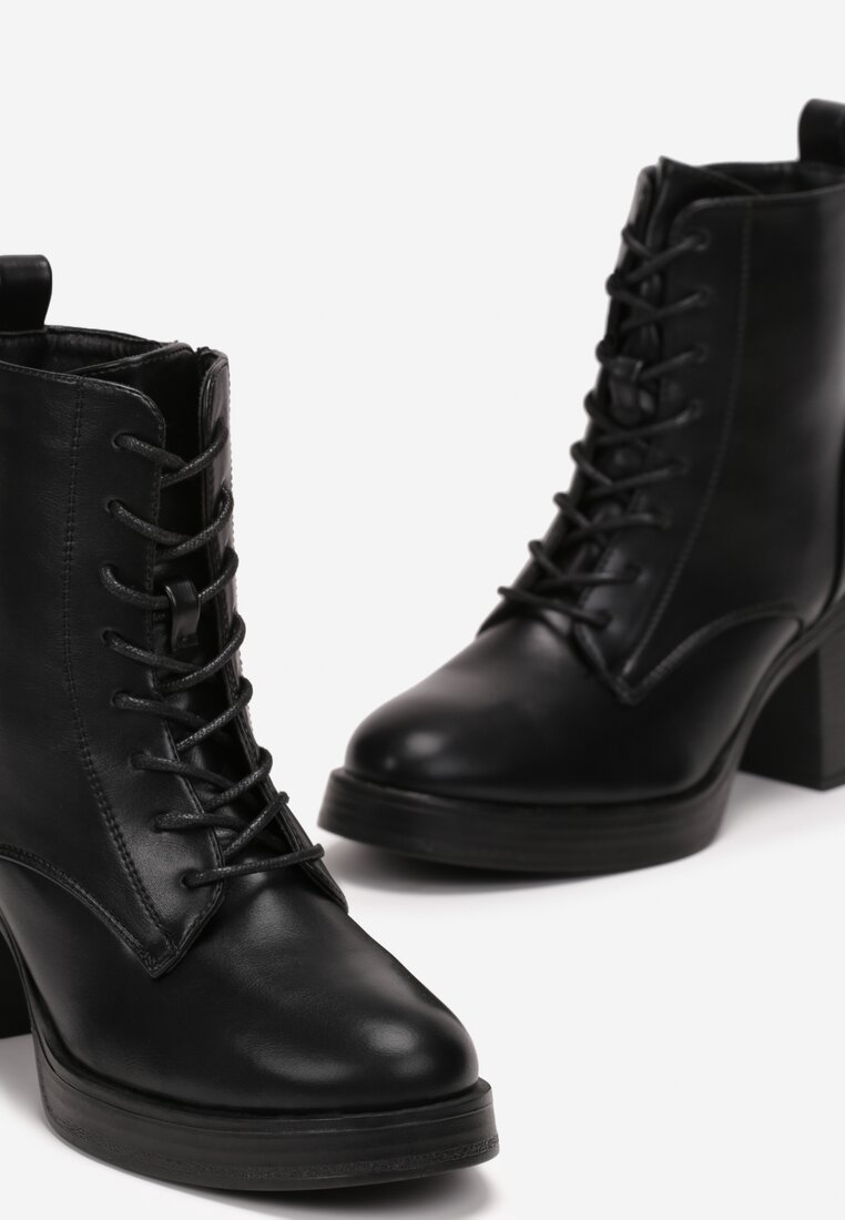 Czarne Botki na Słupku ze Sznurowaniem Irame