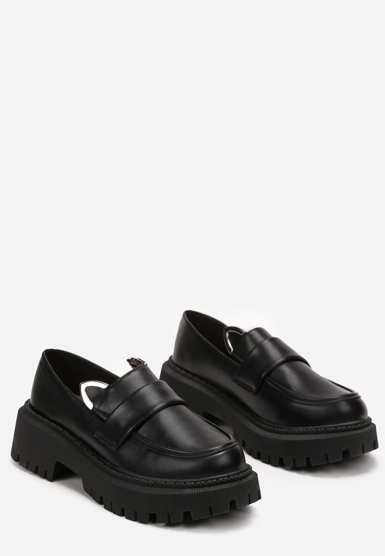 Czarne Mokasyny z Ozdobnymi Uszkami z Metaliczną Krawędzią Farria