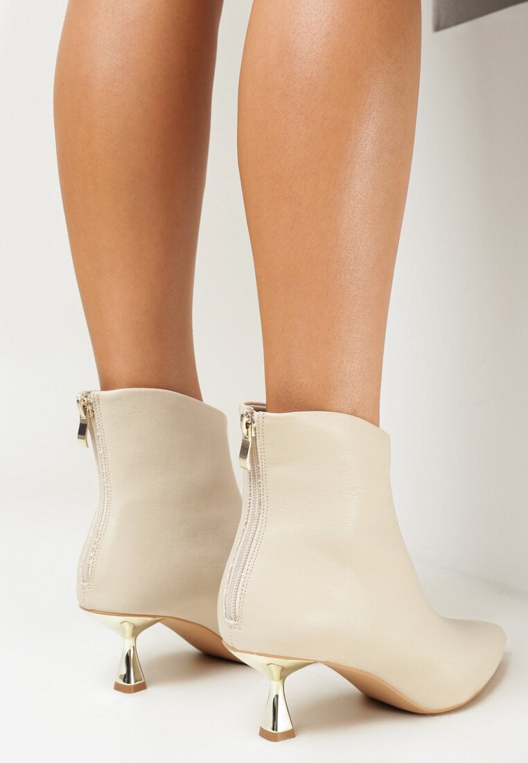 Beżowe Botki na Metalicznym Obcasie Kaczuszka Lechana