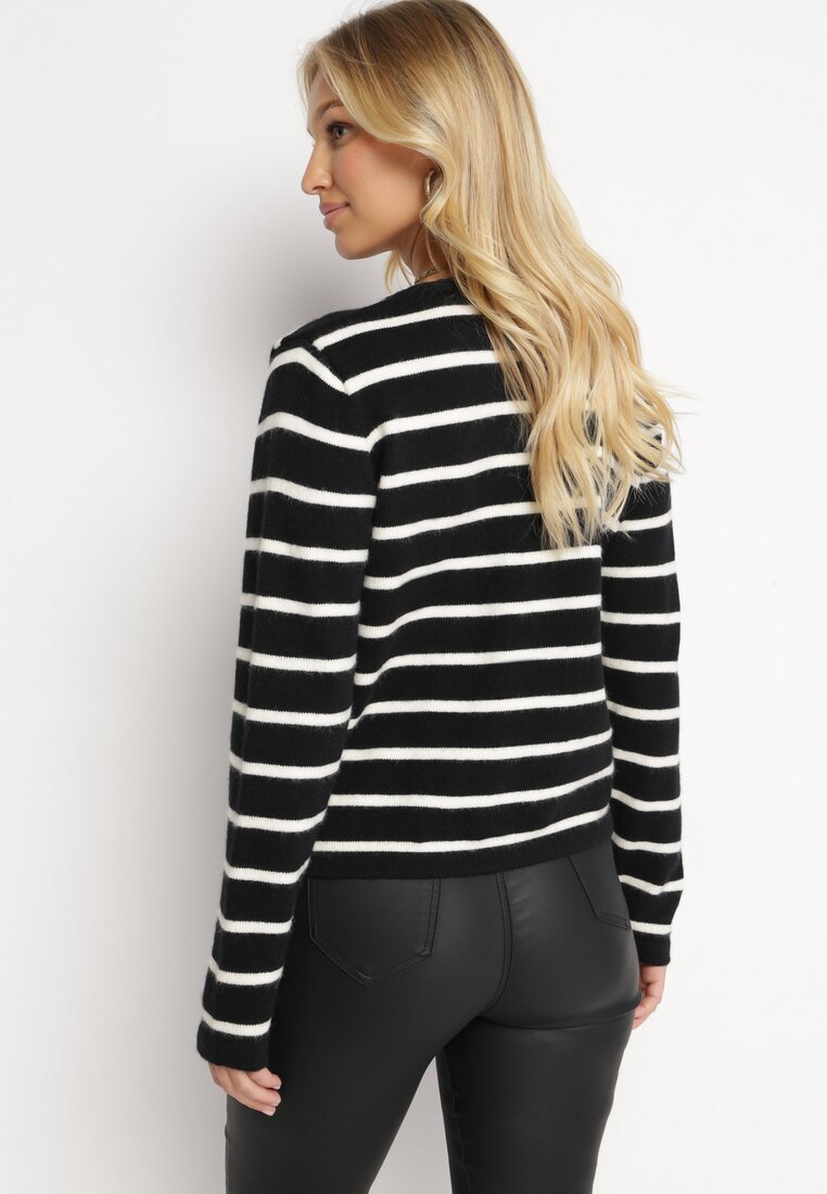 Czarny Kardigan w Paski z Biżuteryjnymi Guzikami Deatista