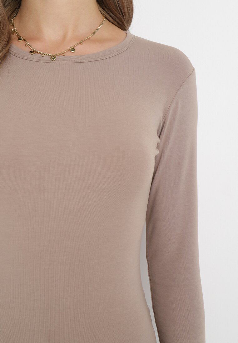 Ciemnobeżowa Bluzka z Elastycznej Dzianiny Hiressa