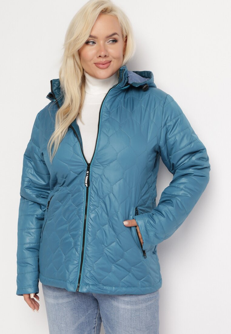 Jasnoniebieska Kurtka Pikowana z Odpinanym Kapturem i Kieszeniami Amores