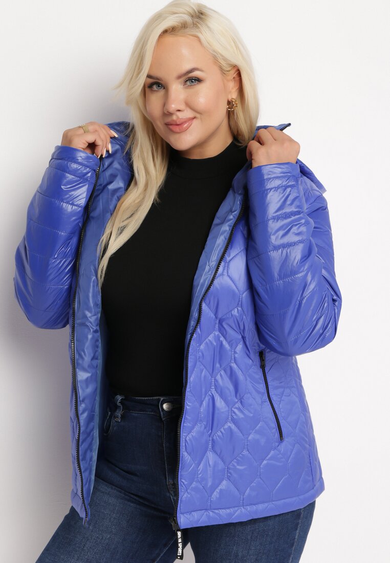 Niebieska Kurtka Pikowana z Odpinanym Kapturem i Kieszeniami Amores