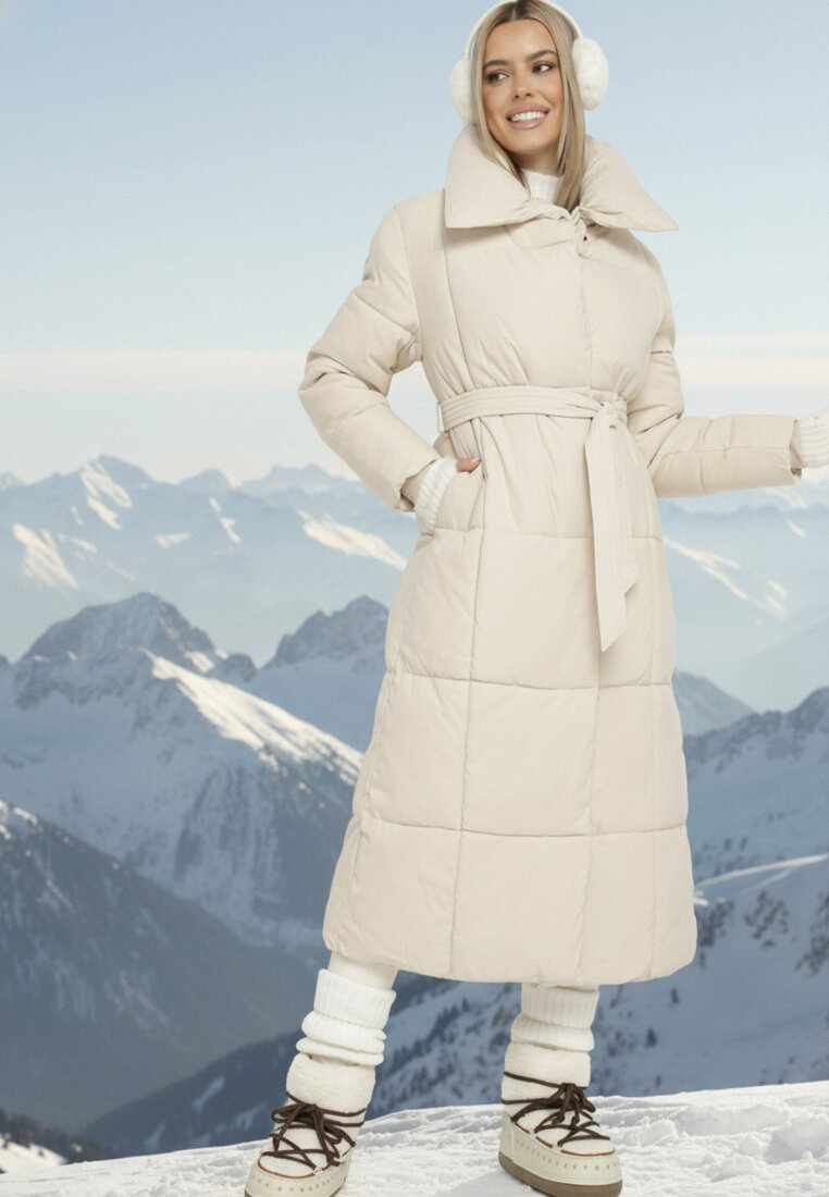 Jasnobeżowa Pikowana Kurtka Płaszcz za Kolano z Wiązanym Paskiem Opiedsse