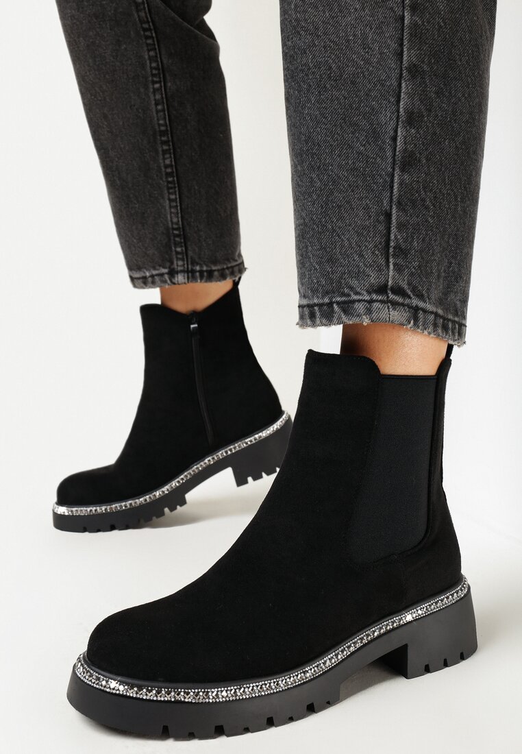 Czarne Botki w Stylu Sztybletów z Cyrkoniami Wokół Podeszwy Exosia