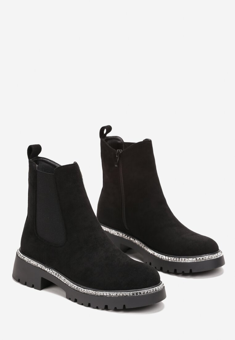 Czarne Botki w Stylu Sztybletów z Cyrkoniami Wokół Podeszwy Exosia